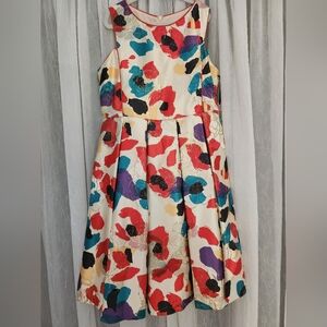 Pippa&Julie Multicolor Box Pleat Floral Dress w/Red Bodice Piping Accent,S12,NWT